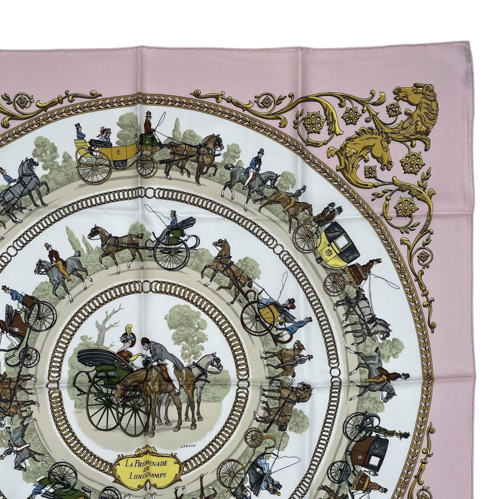 Hermes Scarf Silk Carre 90 la Promenade de Longchamps Walk to Long Chien Pink — view 3