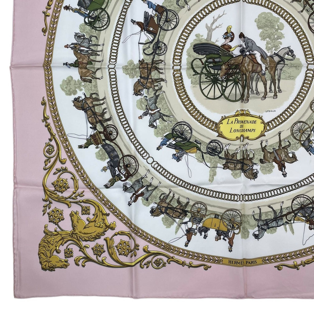 Hermes Scarf Silk Carre 90 la Promenade de Longchamps Walk to Long Chien Pink — view 4