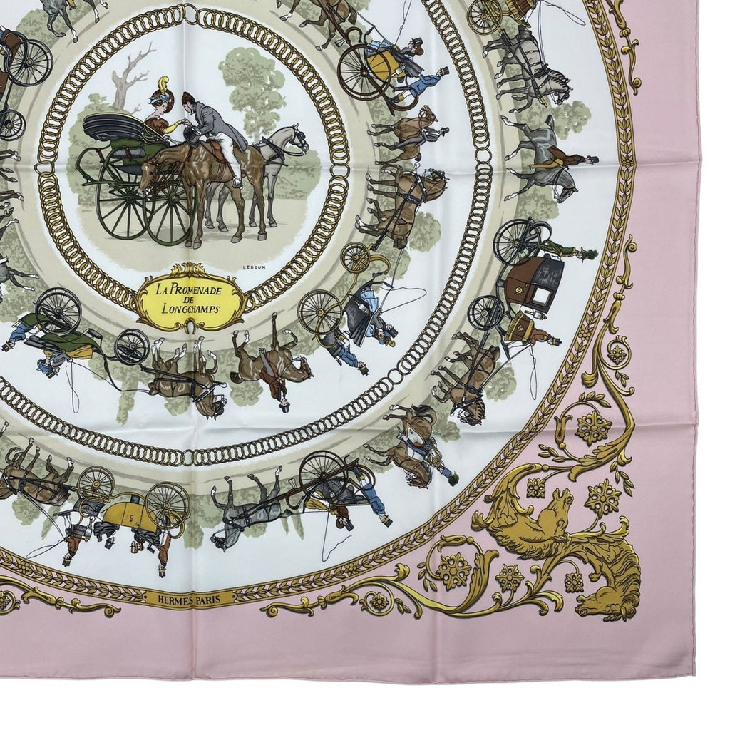 Hermes Scarf Silk Carre 90 la Promenade de Longchamps Walk to Long Chien Pink — view 5