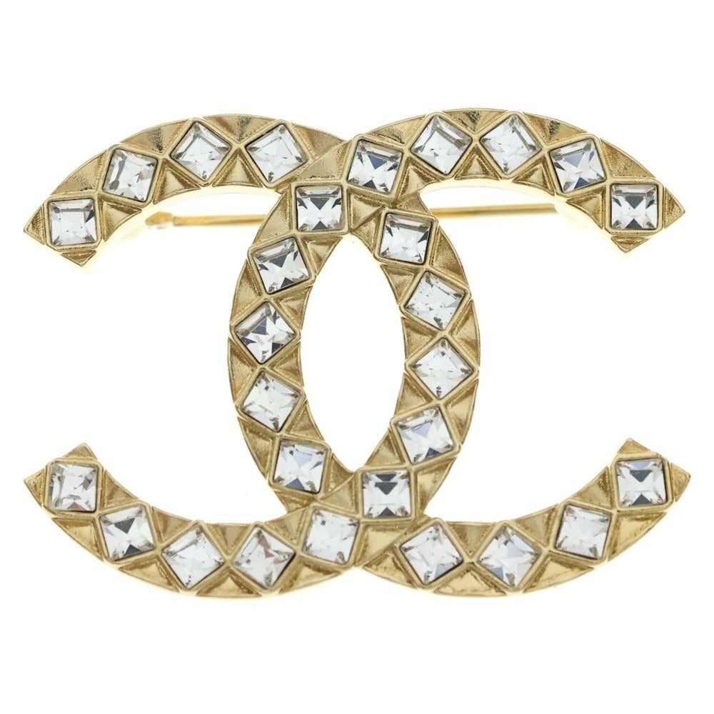 Chanel CC Logo Rhinestone Pin Badge Brooch Gold