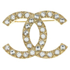Chanel CC Logo Rhinestone Pin Badge Brooch Gold