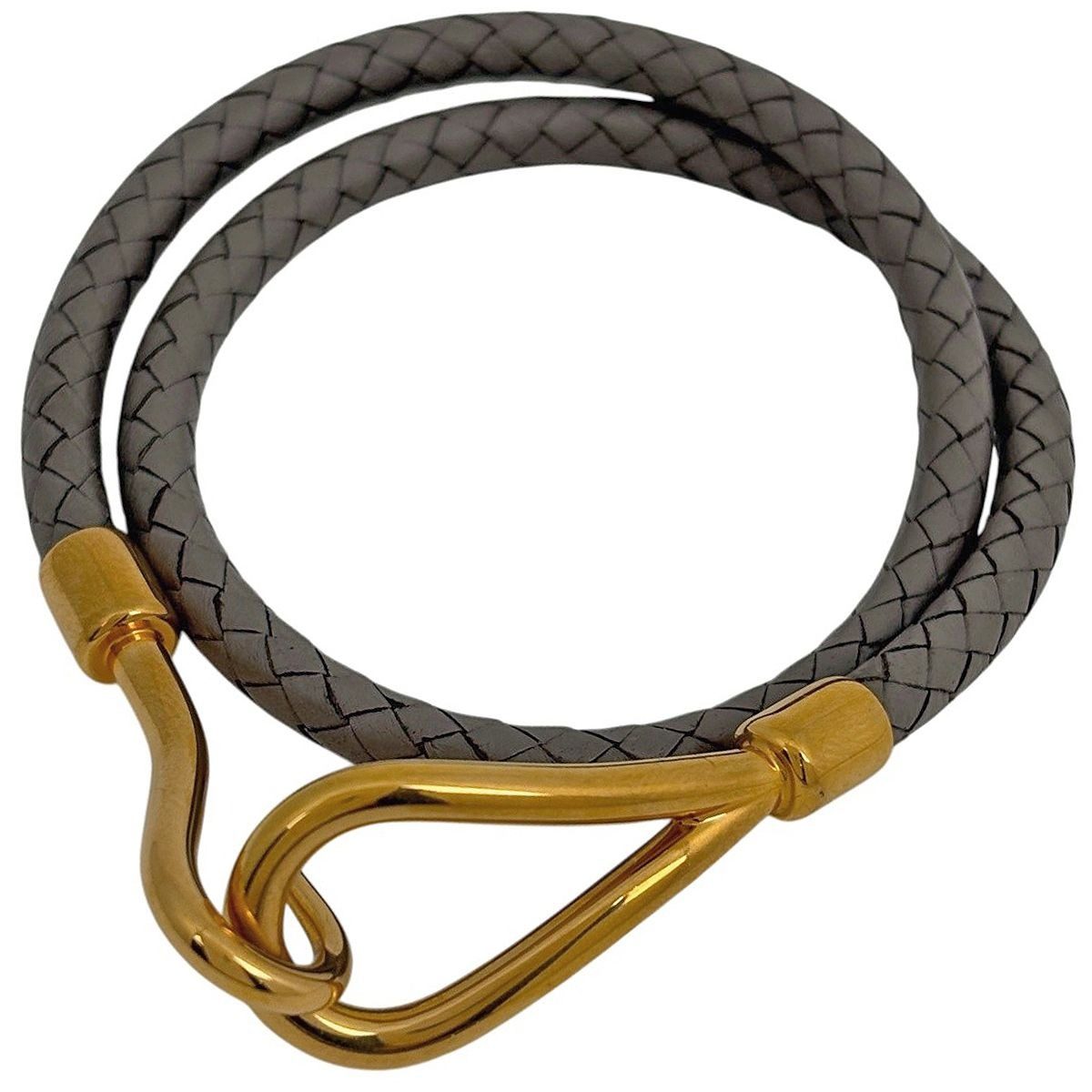 Hermes Jumbo Bracelet Bangles 2 Rows Choker Leather Gray Gold