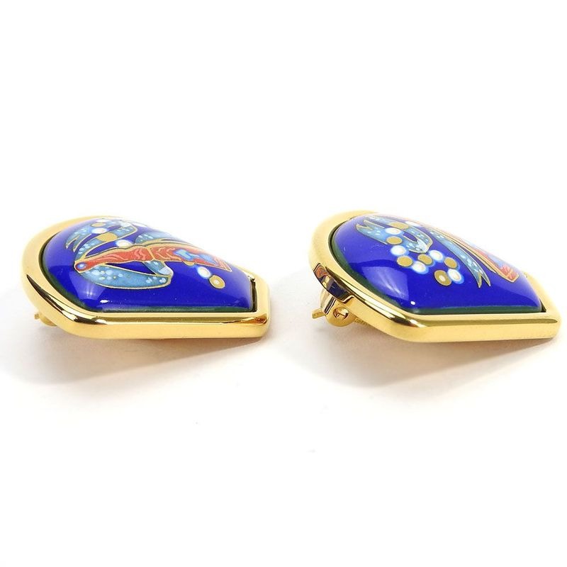 Hermes Earrings Emile Blue Gold Cloisonne GP Plating Jewelry Fan Small Fashionabl