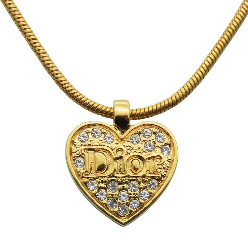 Christian Dior Necklace Metal Rhinestone Gold Heart Logo Plated Accessories — view 2