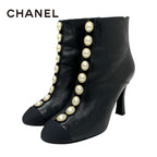 Chanel Boots Short Shoes Leather Fabric Black Coco Mark Pearl