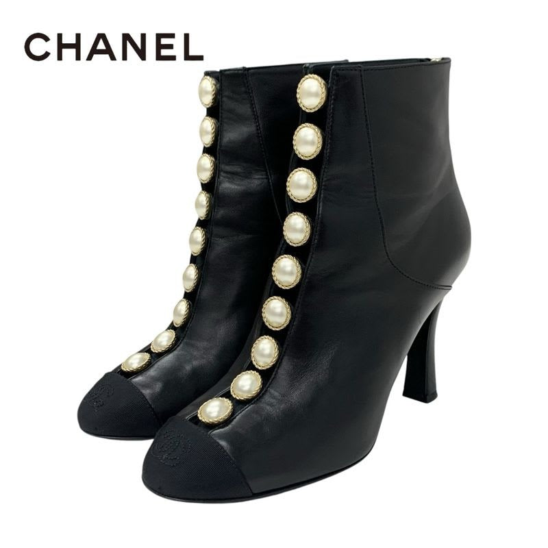 Chanel Boots Short Shoes Leather Fabric Black Coco Mark Pearl