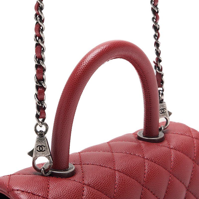 Chanel Quilted Coco Handle 2-Way Handbag Caviar Leather Red With Silver Hardware — view 6