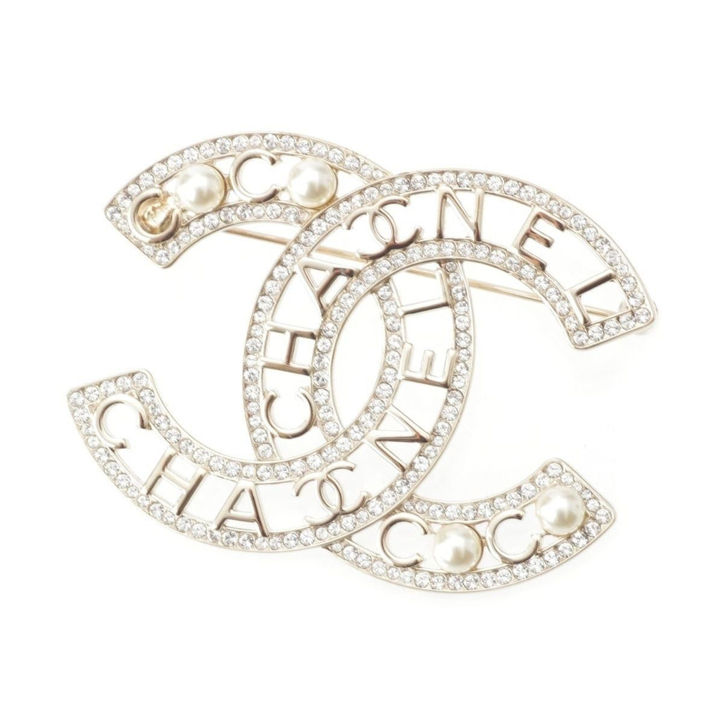 Chanel Pearl Rhinestone CC Logo Brooch Gold