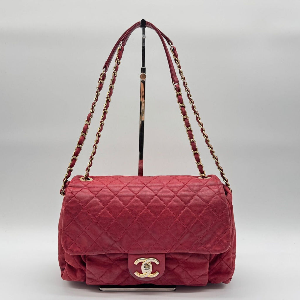 Chanel Shoulder Bag Quilted CC Logo Turnlock Gold Chain Leather Red Seal