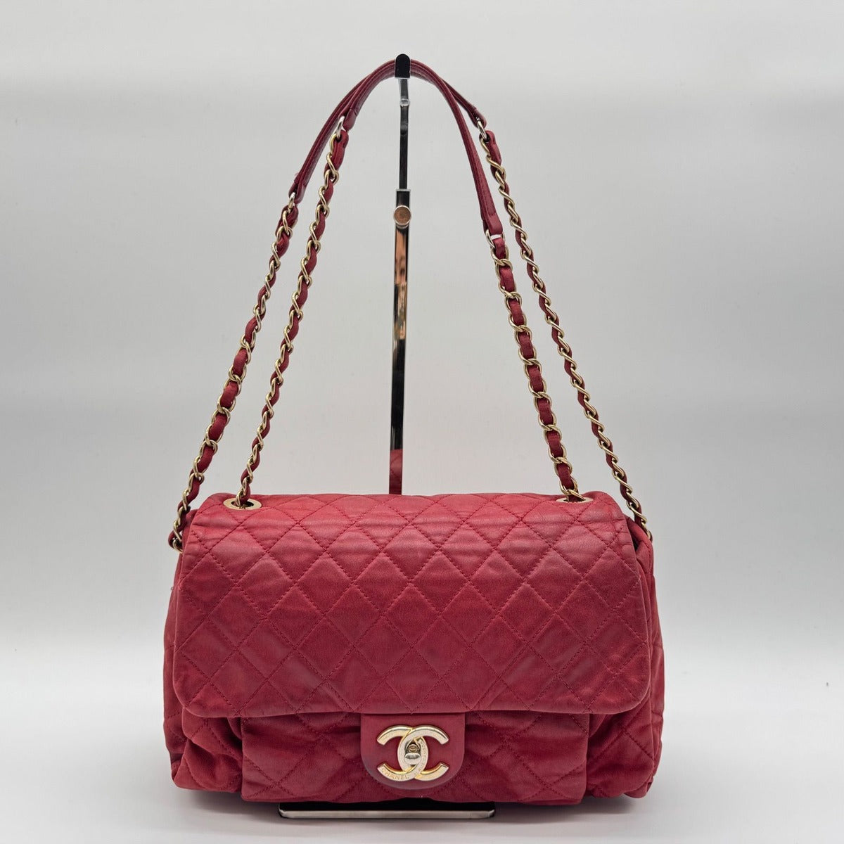 Chanel Shoulder Bag Quilted CC Logo Turnlock Gold Chain Leather Red Seal