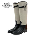 Hermes Jumping Boots Long Shoes Canvas Leather Beige Black Silver Kelly