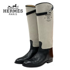 Hermes Jumping Boots Long Shoes Canvas Leather Beige Black Silver Kelly