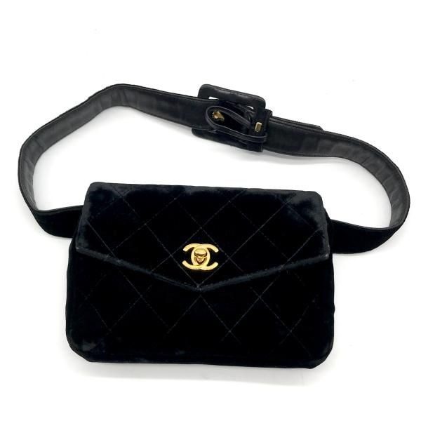 Chanel CC Logo Velour Quilted Waist Pouch Black