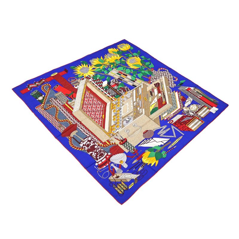 Hermes Carre 140 LES Tresors D UN Artiste Scarf Cashmere Silk Blue — view 9