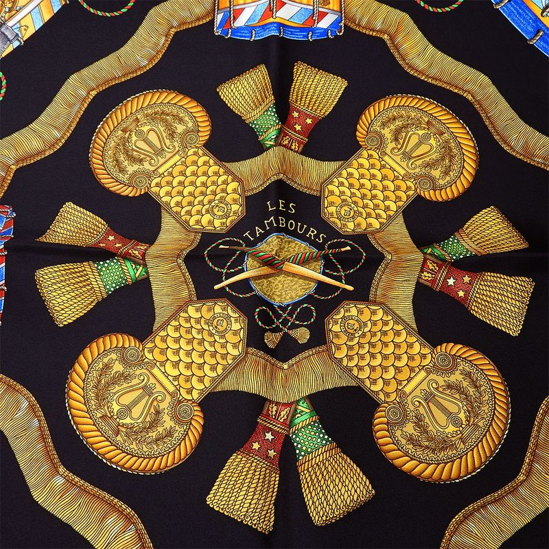Hermes Scarf Carre 90 Silk Black Gold LES Tambours Tambour Drums — view 2
