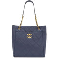 Chanel Tote Quilted Small Shopping Bag Calf Leather Navy Gold Hardware