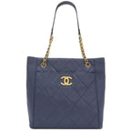 Chanel Tote Quilted Small Shopping Bag Calf Leather Navy Gold Hardware