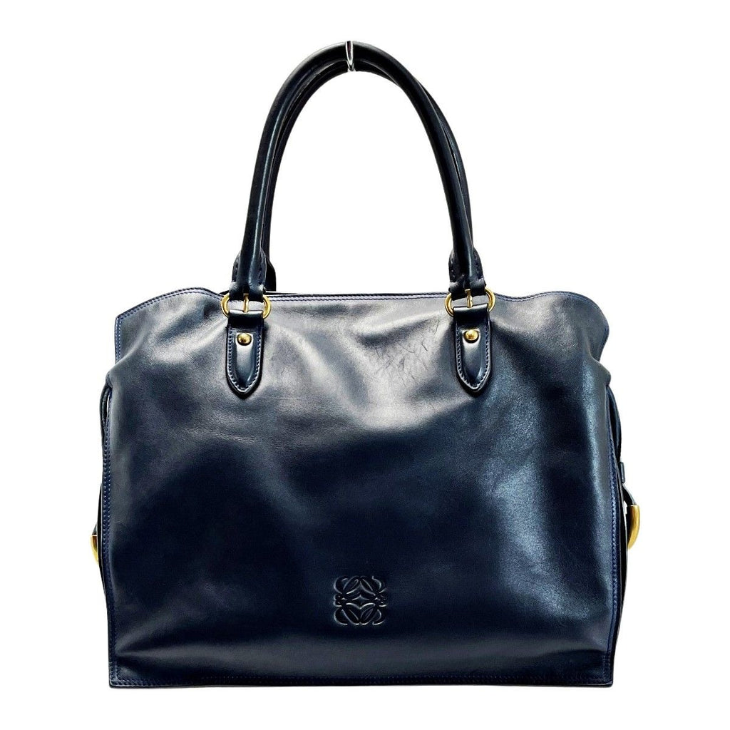 Loewe Anagram Flamenco 30 Navy Blue Stitch Tote Bag Gold Hardware