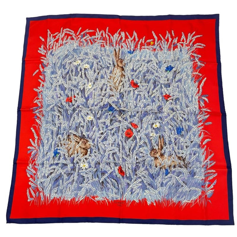 Hermes Scarf Silk Carre 90 Lapins DANS UN Champ de Wheat Field And Rabbit Red