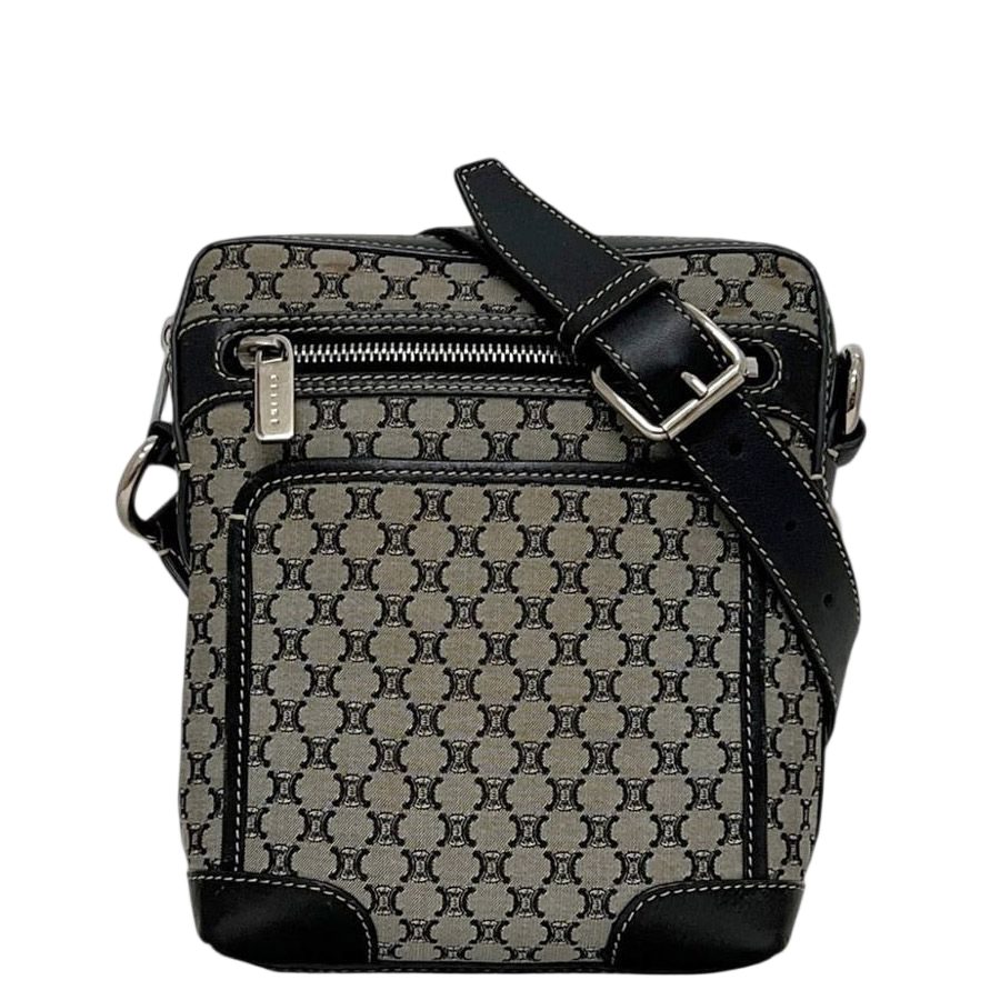 Celine Shoulder Bag Gray Black Macadam Crossbody Nylon Leather 16