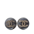 Chanel CC Logo Vintage Round Earrings Black Metal Rhinestone Shell