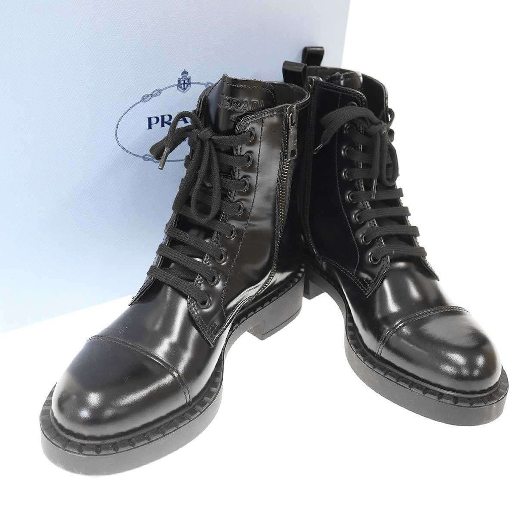 Prada Brushed Leather Side Zip Lace Up Boots Black 39