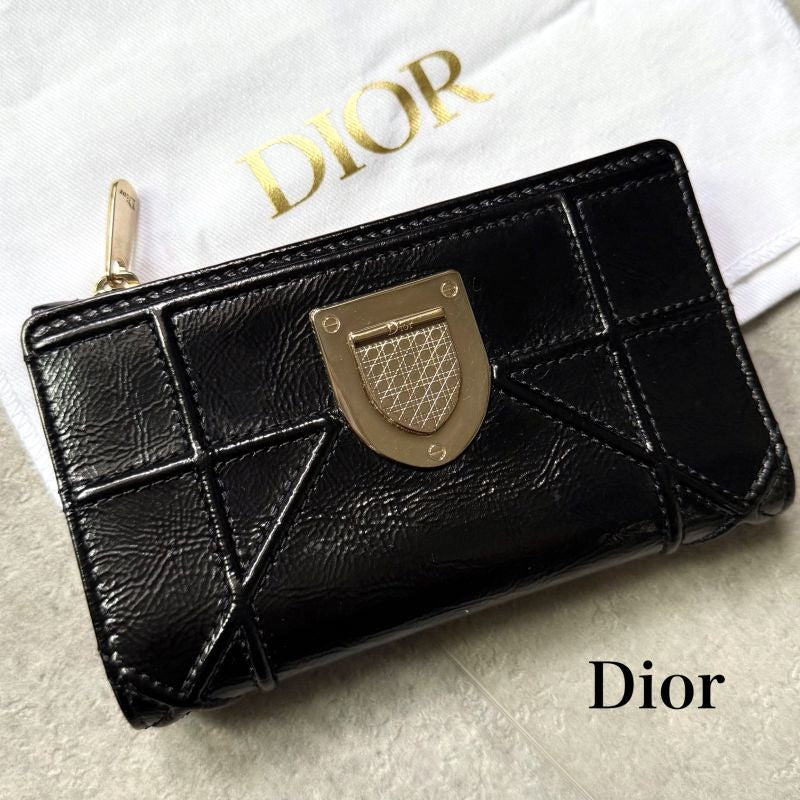 Christian Dior Ama Patent Leather Fold Wallet Card Case Coin Compact