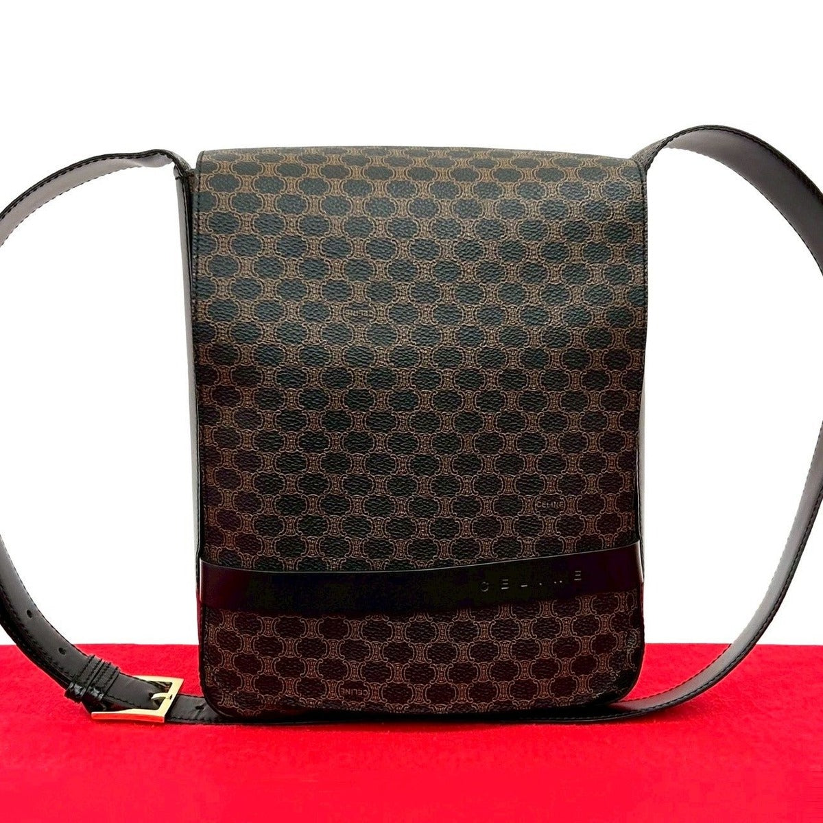 Celine Vintage Macadam Blason Pattern Leather Shoulder Bag Black X Brown