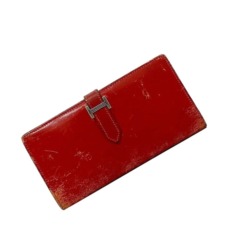 Hermes Bifold Long Wallet Bearn Red Leather