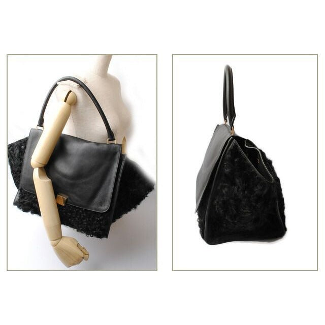 Celine Shoulder Bag Trapeze Wool Leather Black Gold Hardware — view 2