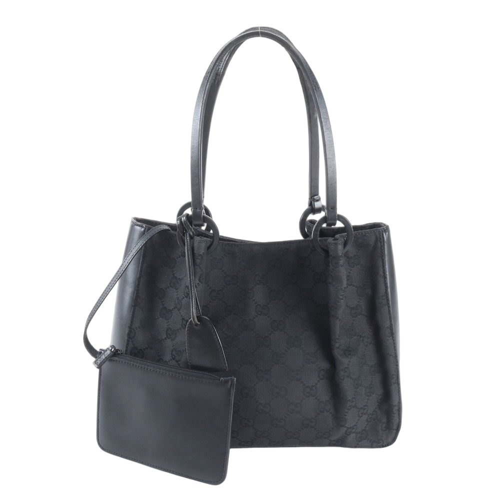 Gucci GG Canvas Pouch Leather Tote Shoulder Hand Black