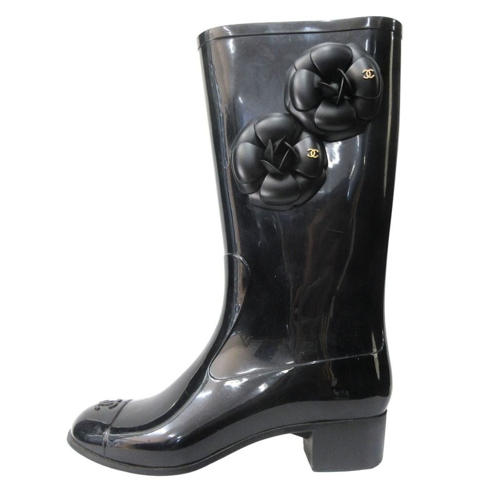 Chanel Camellia Rain Boots Shoes CC Logo Gold 36 Black