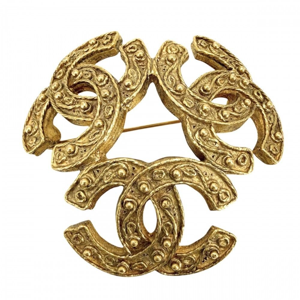 Chanel Brooch CC Logo Triple Coco Vintage Gold Plated