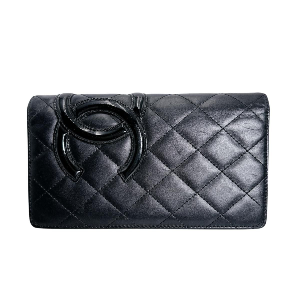 Chanel Cambon Bifold Wallet Quilted CC Logo Long Black