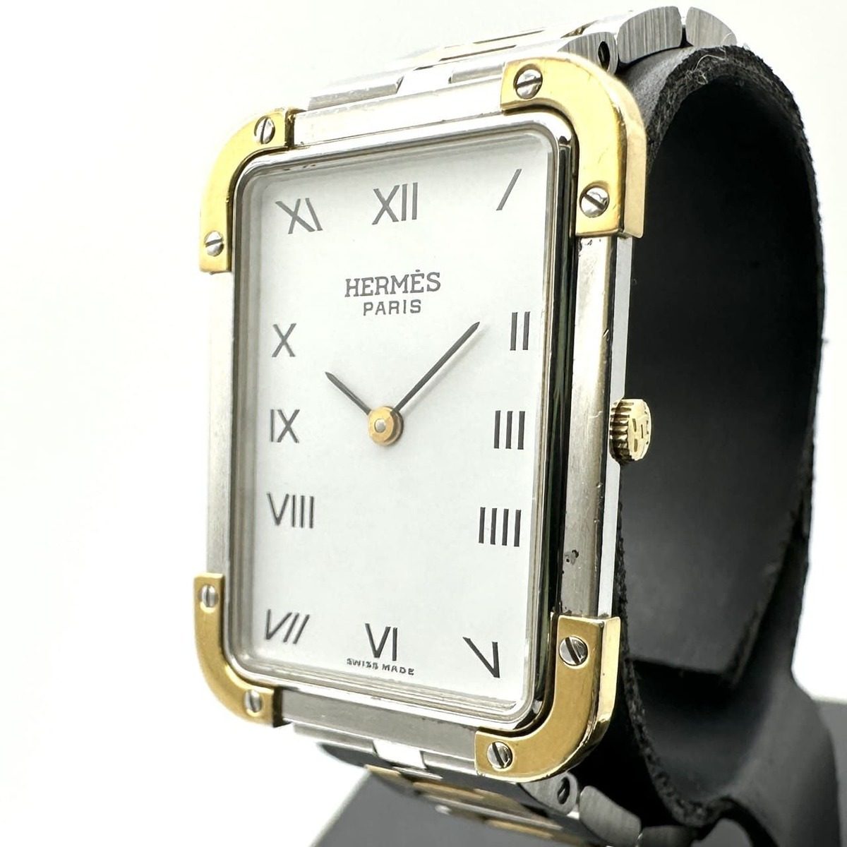 Hermes Croajour Watch with Extra Frames Quartz SS Silver Gold Vintage
