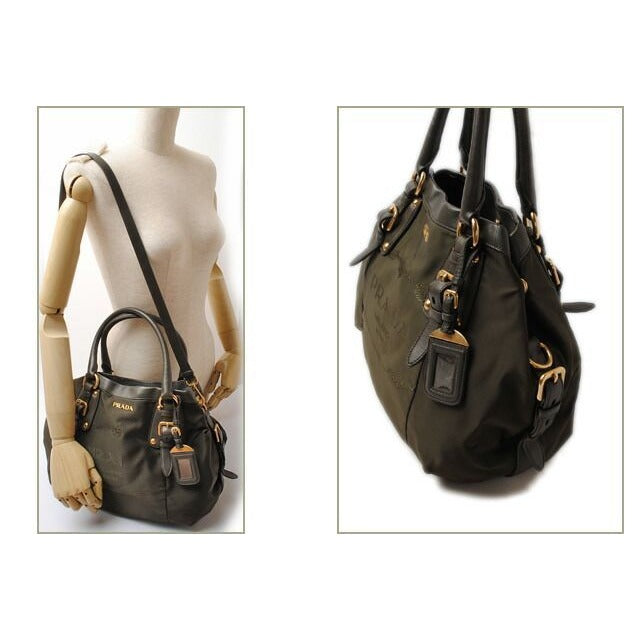 Prada Shoulder Bag Logo Embroidery Nylon Dark Khaki With Strap — view 2