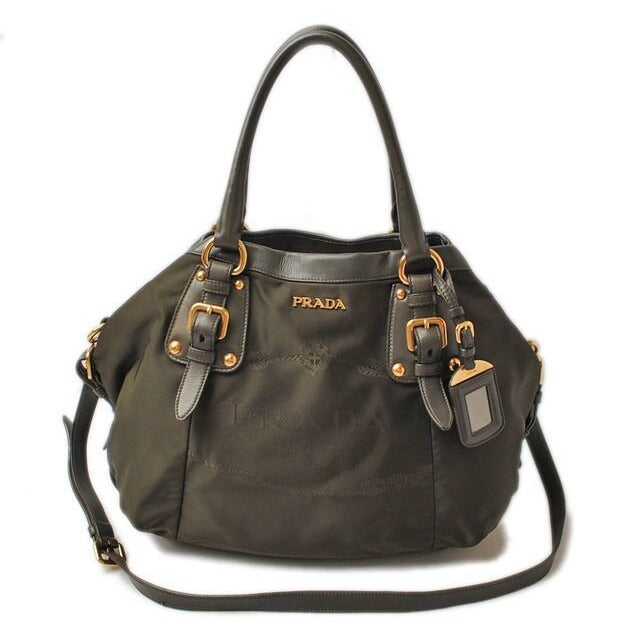 Prada Shoulder Bag Logo Embroidery Nylon Dark Khaki With Strap