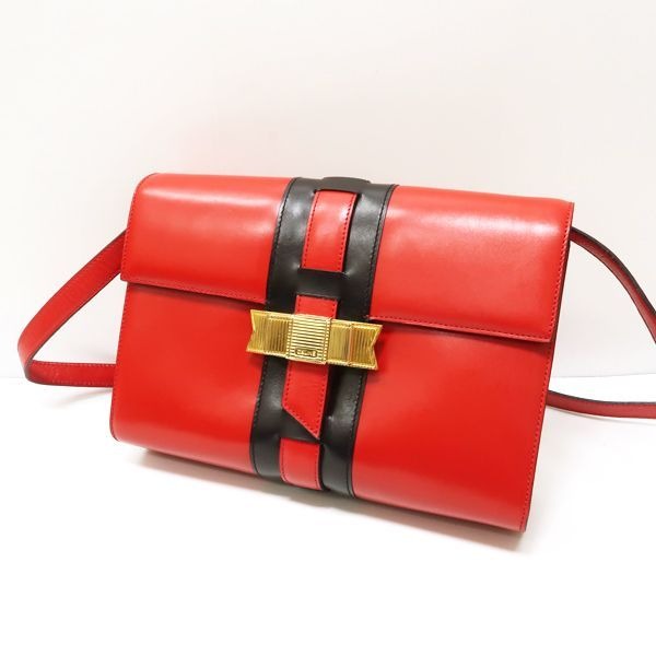 Celine Shoulder Bag Ribbon Hardware Red Black Bicolor Leather — view 2