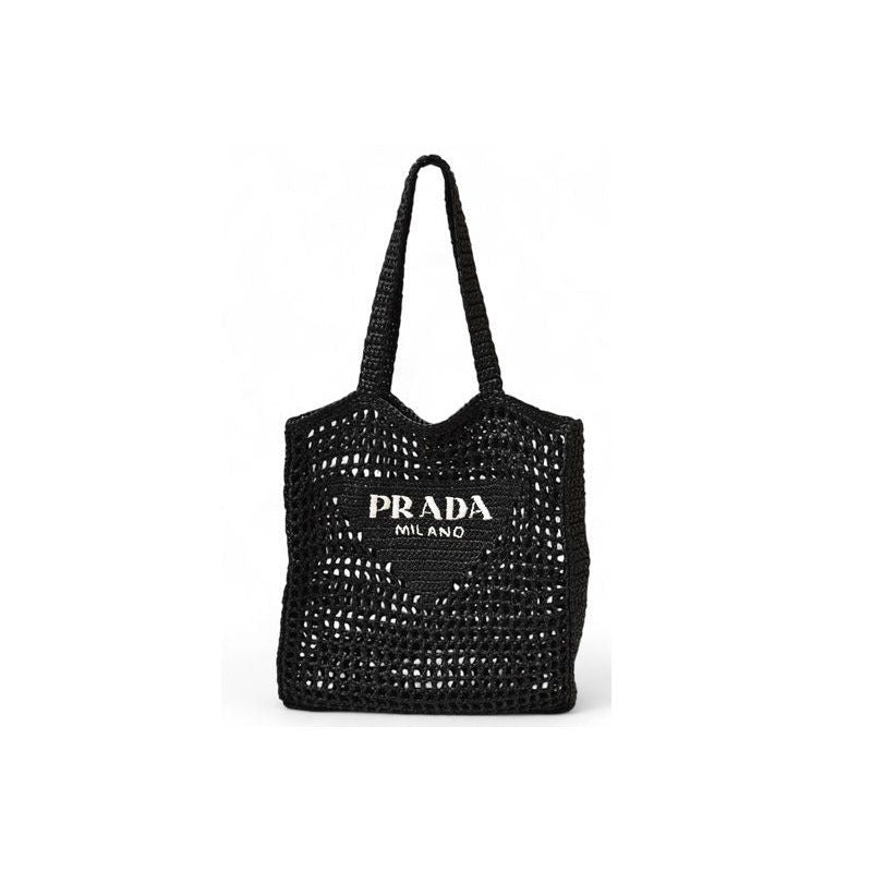 Prada Tote Bag Logo Raffia Cago Black White 1 Bg393