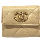 Chanel Wallet 19 Bifold Lambskin Beige Gold CC Logo Quilted Trifold Compact