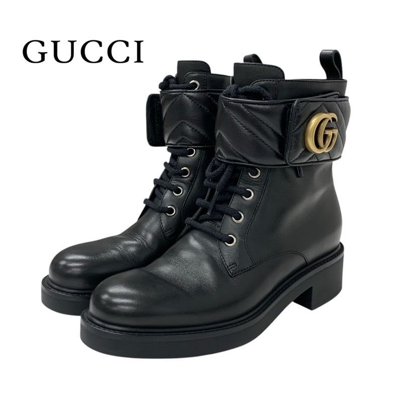 Gucci Double G Boots Short Shoes Leather Black Gold Quilted GG Marmont