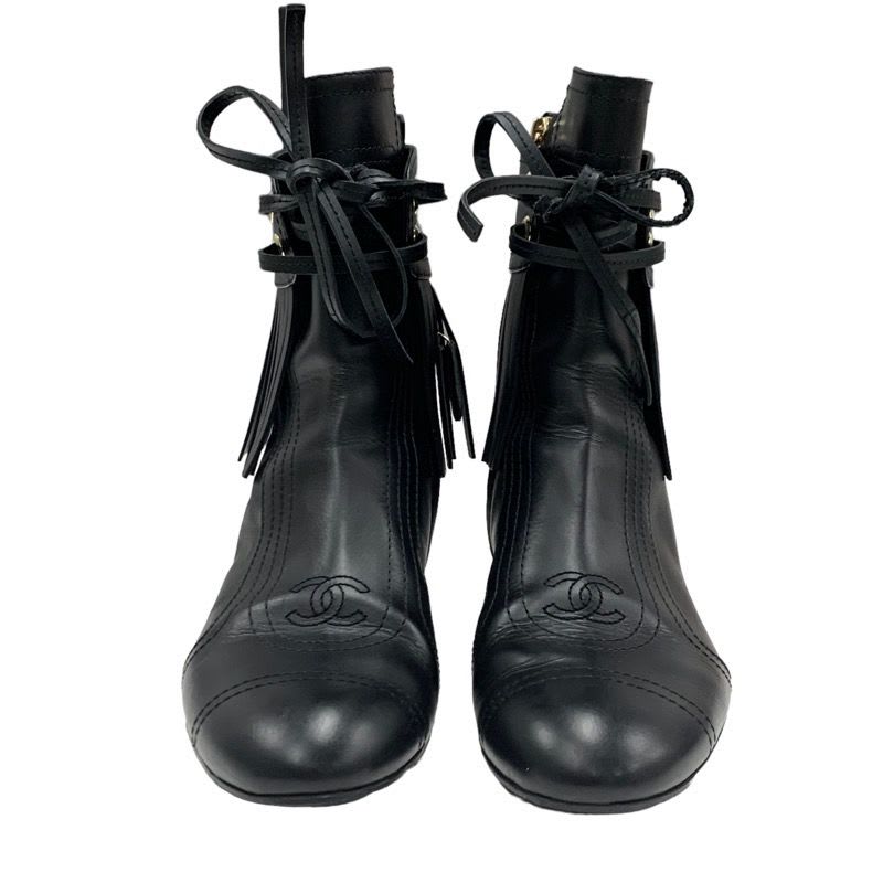 Chanel Boots Short Shoes Leather Black Coco Mark Fringe — view 3