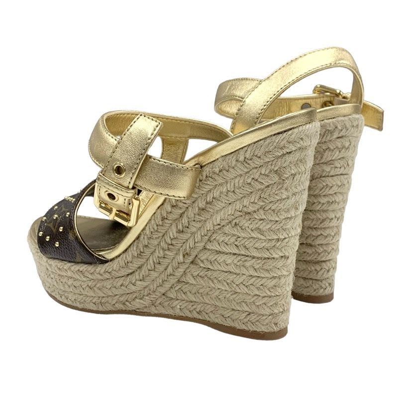 Louis Vuitton Starboard Line Monogram Sandals Shoes Leather Gold Brown Wedge — view 4