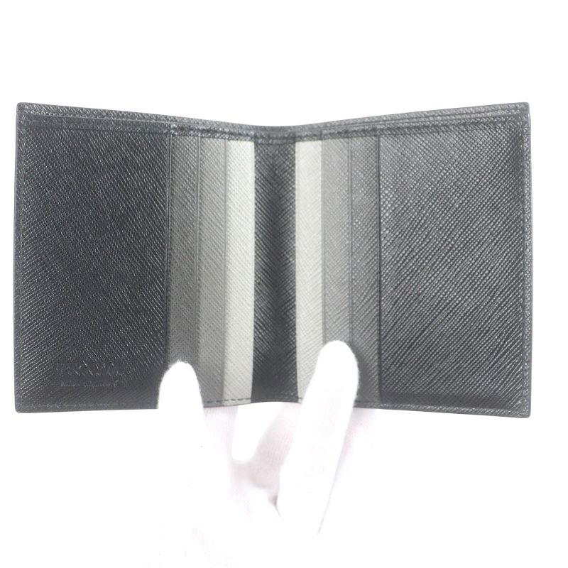 Prada 2 Mo004 Logo Plate Saffiano Martic Leather Bifold Card Case Billfold Nero — view 6