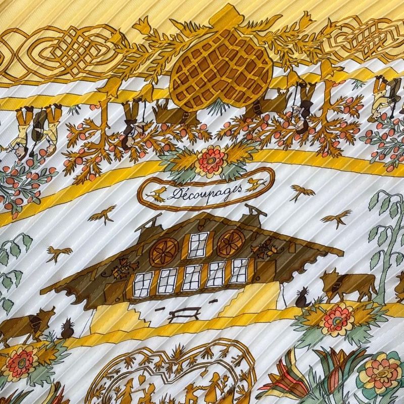 Hermes Silk Scarf Carre 90 Pleated Decoupages Yellow White — view 8