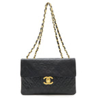 Chanel Big Quilted CC Logo Chain Shoulder Bag Leather Black Gold