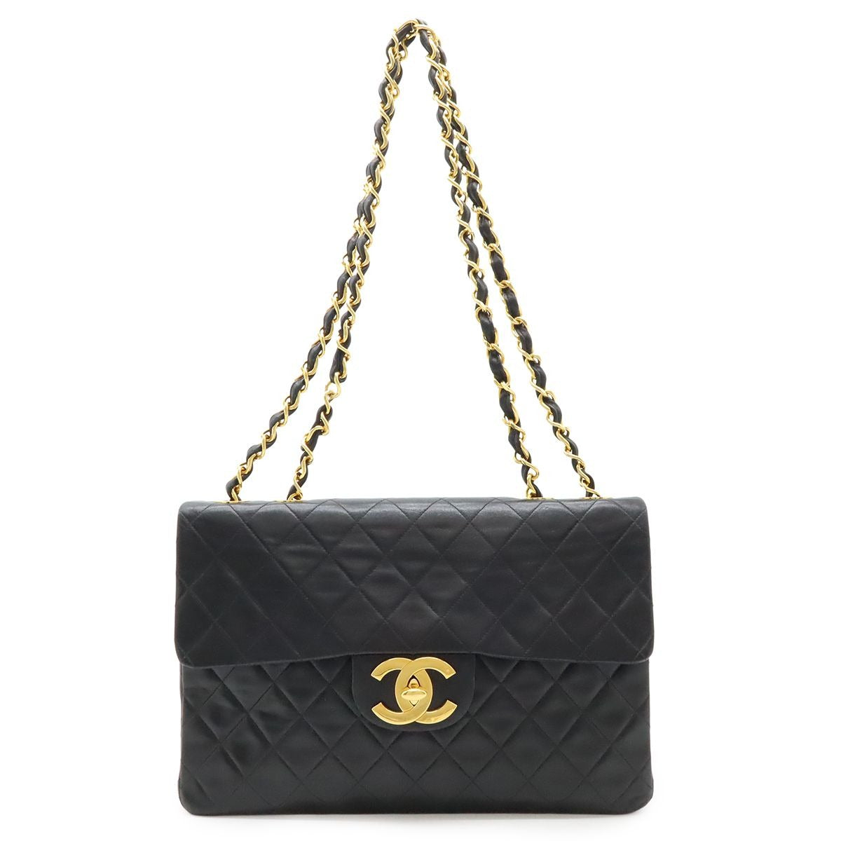 Chanel Big Quilted CC Logo Chain Shoulder Bag Leather Black Gold