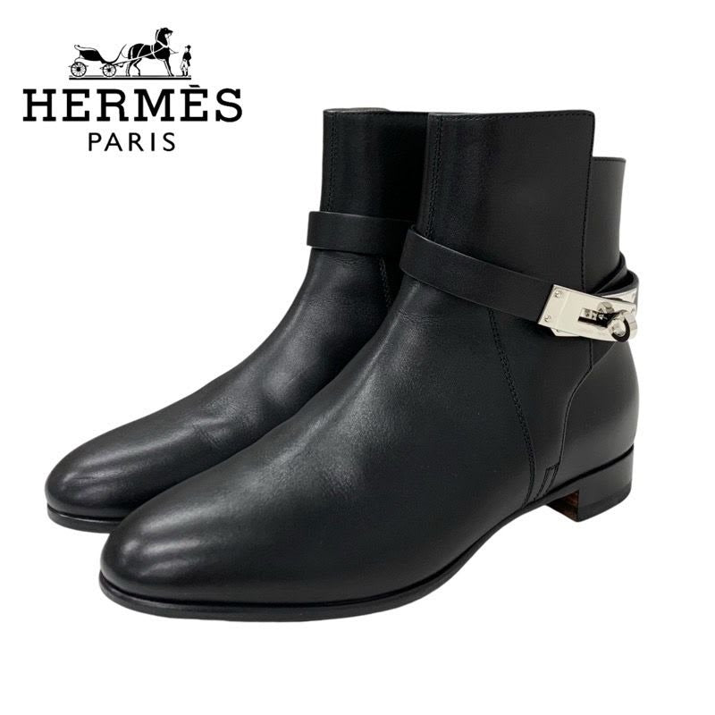 Hermes Neo Boots Short Shoes Leather Black Silver Kelly Hardware