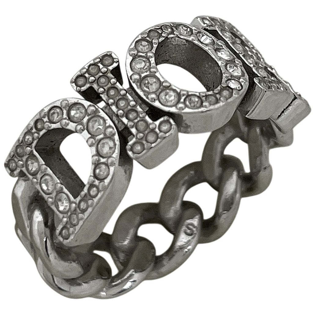 Dior Logo Rhinestone Ring Silver Plated