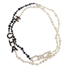 Chanel CC Logo Pearl Long Necklace Metal Faux Black White Gold